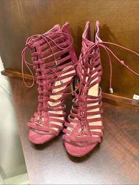ALDO Burgundy Suede Strappy Lace-Up Stiletto Heels